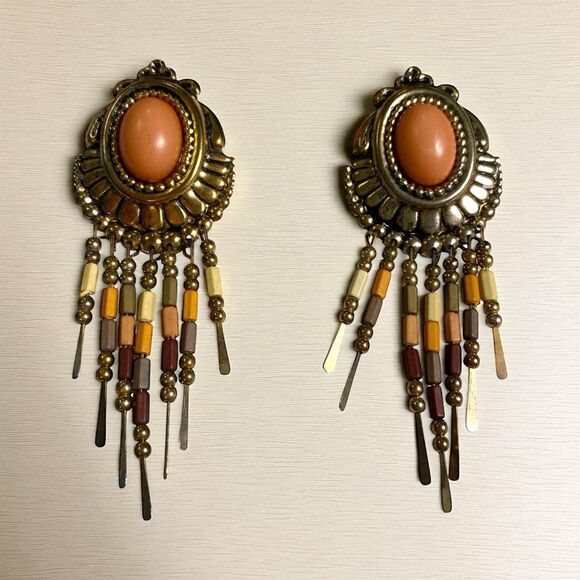 Vintage Bohemian Teardrop Dangle Earrings 4.75” Pierced Gold Tone Beaded Tassel - Picture 1 of 8